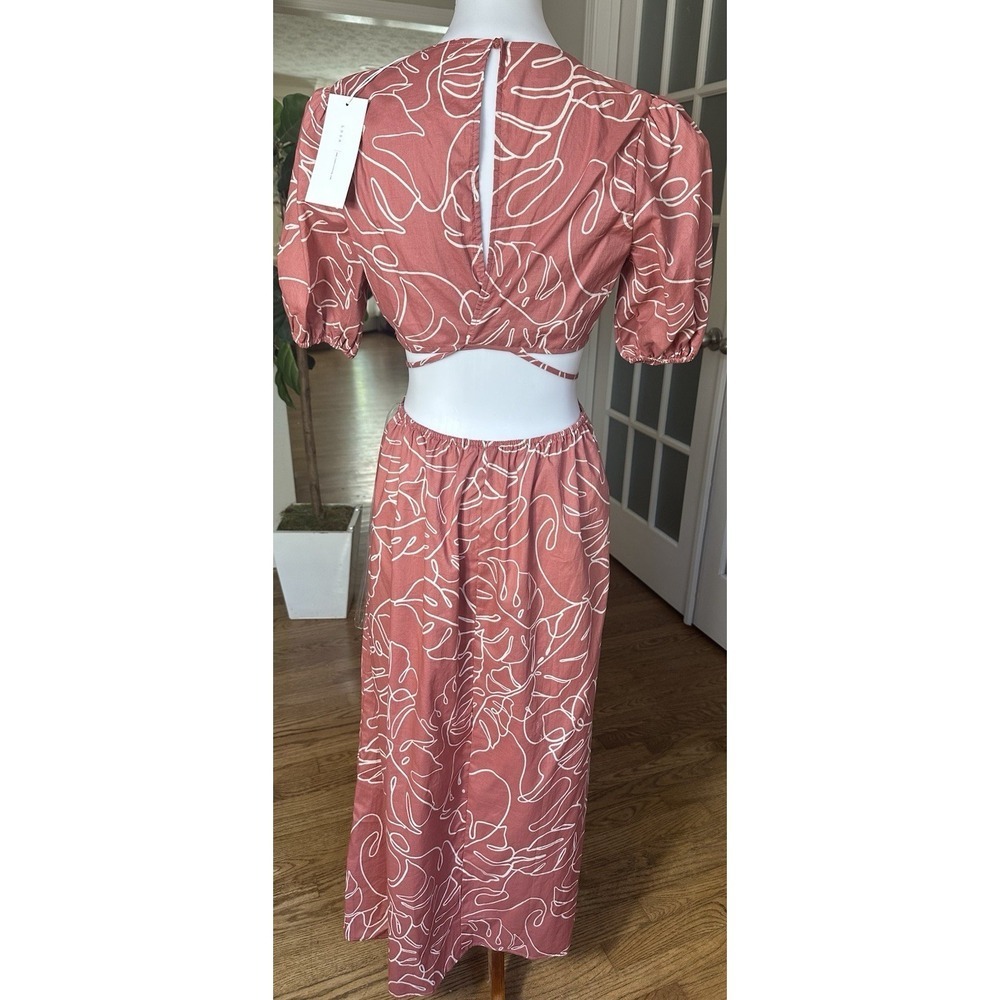 Lush Caramel Abstract Puff Sleeve Cutout Midi Dress Size M NWT 100% Cotton - Picture 7 of 12